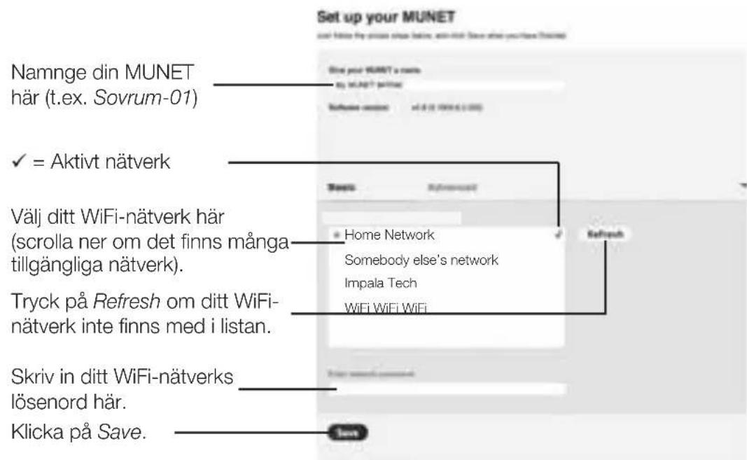 Set up your MUNET and I have any options to access, start and end. Save all your home (followed) Namnge din MUNET här (t.ex. Sovrum-01) ✓ = Aktivt nätverk Välj ditt WiFi-nätverk här (scrolla ner om det finns många tillgängliga nätverk). Tryck på Refresh om ditt WiFi- nätverk inte finns med i listan. Skriv in ditt WiFi-nätverks lösenord här. Klicka på Save.