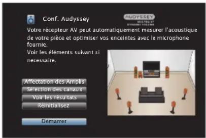 Conf. Audyssey Votre récepteur AV peut automatiquement mesurer l'acoustique de votre pièce et optimiser vos encientes avec le microphone fournie. Voir les éléments suivant si nécessaire. Affectation des Ampliés Selection des canaux Voir les résultats Reminéisez Demarrer