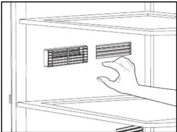 Line drawing of a hand placing a rack into a cabinet shelf with a grid panel (no text or symbols)