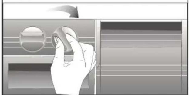Illustration of a hand pressing a button on a device panel (no text or symbols visible)