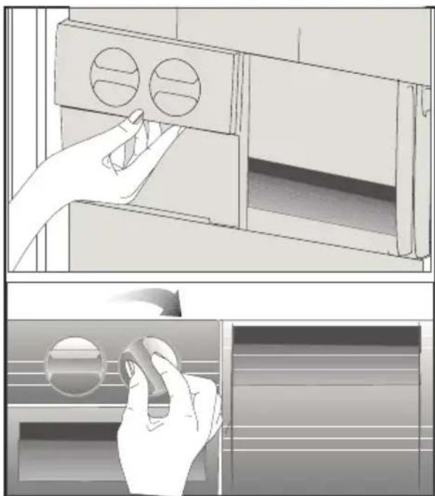 Illustration showing a hand holding a cabinet with two circular cutouts, and a close-up of a hand holding a remote control panel (no text or symbols present)