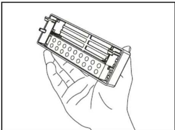 Line drawing of a hand holding an electronic device with internal components (no text or symbols)