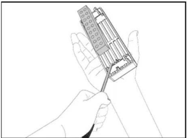 Line drawing of two hands holding a mechanical device (no text or symbols visible).