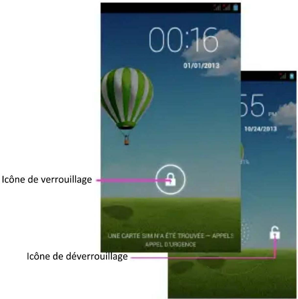 00:16 01/01/2013 55 PM 10/24/2013 Icône de verrouillage UNE CARTE SIM N'A ÉTÉ TROUVÉE - APPELS APPEL D'URGENCE Icône de déverrouillage