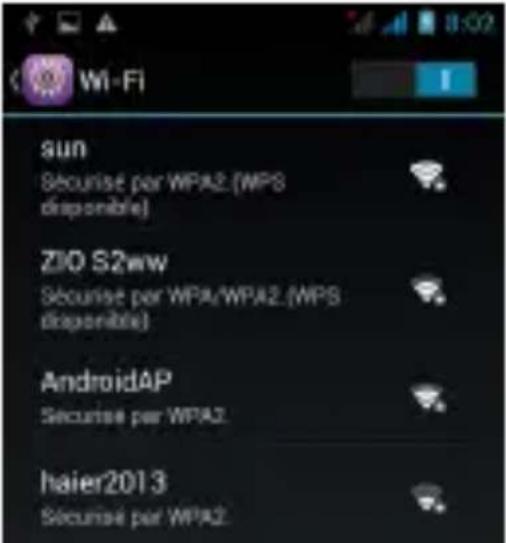 sun Securisté par WPA2 (WPS disponible) ZIO S2ww Securisté par WPA/WPA2 (WPS disponible) AndroidAP Securisté par WPA2 haier2013 Securisté par WPA2