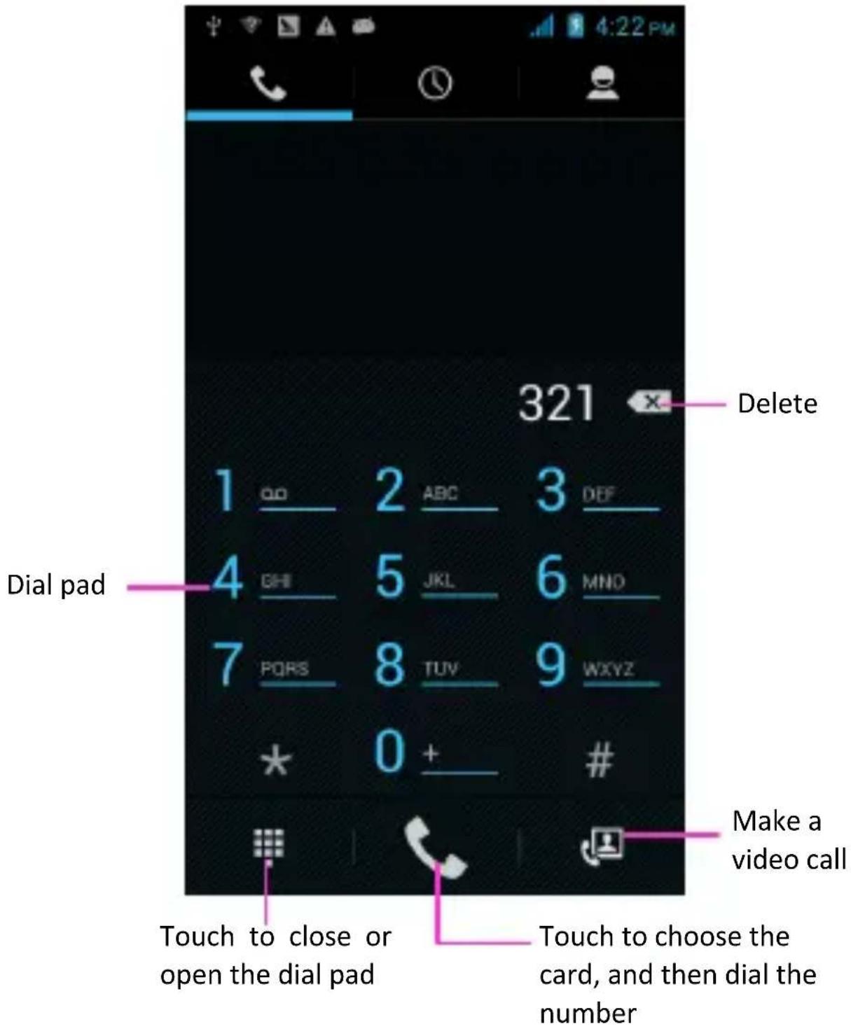321 Delete 1 00 2 ABC 3 DEF 4 GHI 5 JKL 6 MNO 7 PQRS 8 TUV 9WXYZ * 0 + # Make a video call Touch to close or open the dial pad Touch to choose the card, and then dial the number