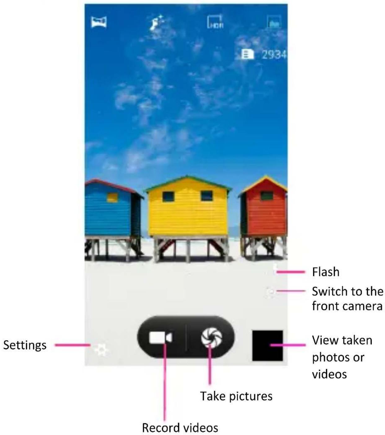 Flash Switch to the front camera Settings Take pictures Record videos View taken photos or videos