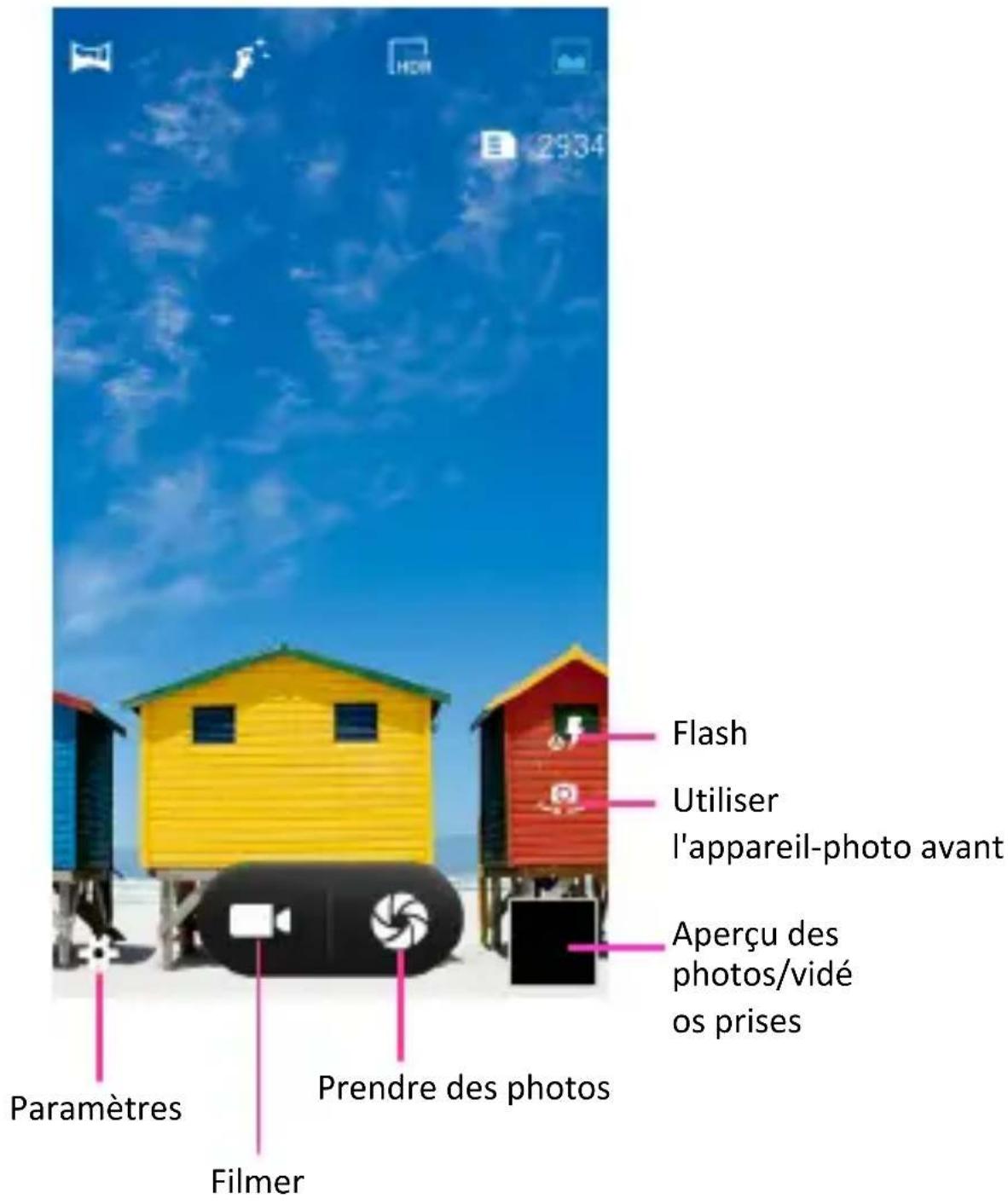 Flash Utiliser l'appareil-photo avant Aperçu des photos/vidé os prises Paramètres Prendre des photos Filmer