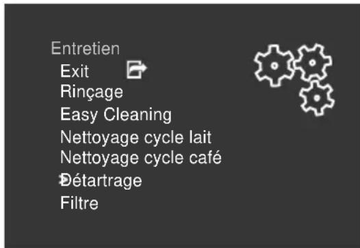 Entretien Exit Rinçage Easy Cleaning Nettoyage cycle lait Nettoyage cycle café Détartrage Filtre