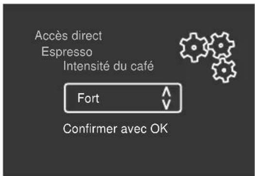Accès direct Espresso Intensité du café Fort Confirmer avec OK