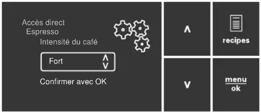 Accès direct Espresso Intensité du café Fort Confirm avec OK Λ recipes V menu ok