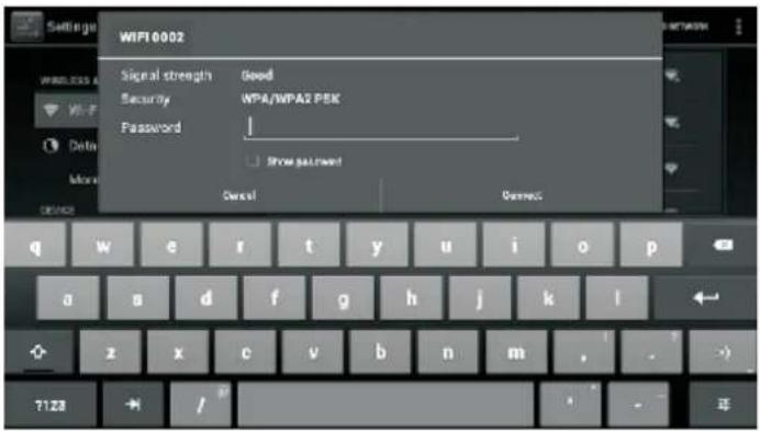 Settings WIFI 6002 Signal strength Good Security WPA/WPA2 PEK Password | Show password Close! Disconnect Q W e r t y u i o p a s d f g h j k l z x c v b n m , . ?128 /