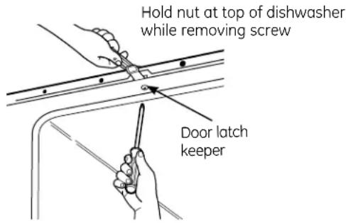 Hold nut at top of dishwasher while removing screw Door latch keeper