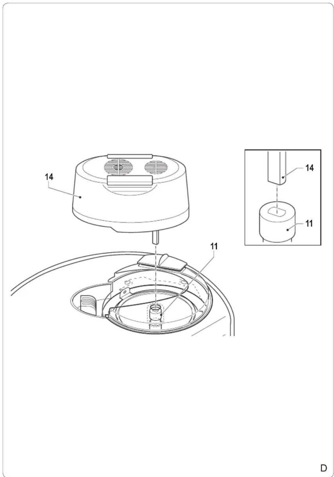 Technical diagram of a device with labeled parts and an inset showing internal components, likely for assembly or manufacturing documentation.
