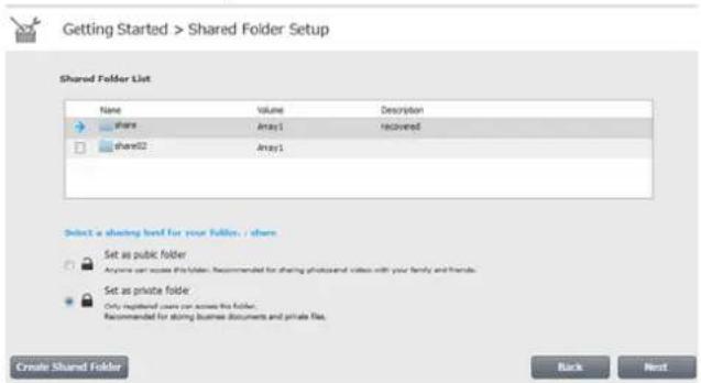 BUFFALO LinkStation 441e - Configurez les niveaux de partage de tous les dossiers partagés (publics ou privés) existants pour terminer l'assistant de configuration initiale. - 1