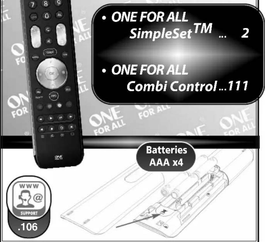 ONE FOR ALL SimpleSet™ ... 2 ONE FOR ALL Combi Control...111 Batteries AAA x4 WWW @ SUPPORT .106