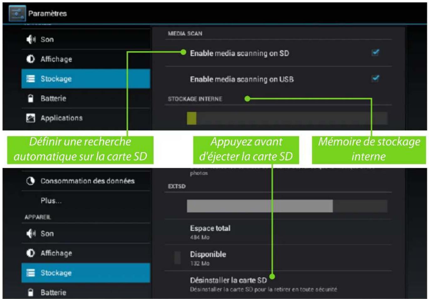 Paramètres Son Affichage Stockage Batterie Applications MEDIA SCAN Enable media scanning on SD Enable media scanning on USB STOCKAGE INTERNE Définir une recherche automatique sur la carte SD Appuyez avant d'éjecter la carte SD Mémoire de stockage interne Consommation des données Plus... APPAREIL Son Affichage Stockage Batterie photos EXTSD Espace total 484 Mo Disponible 132 Mo Désinstaller la carte SD Désinstaller la carte SD pour la retirer en toute sécurité