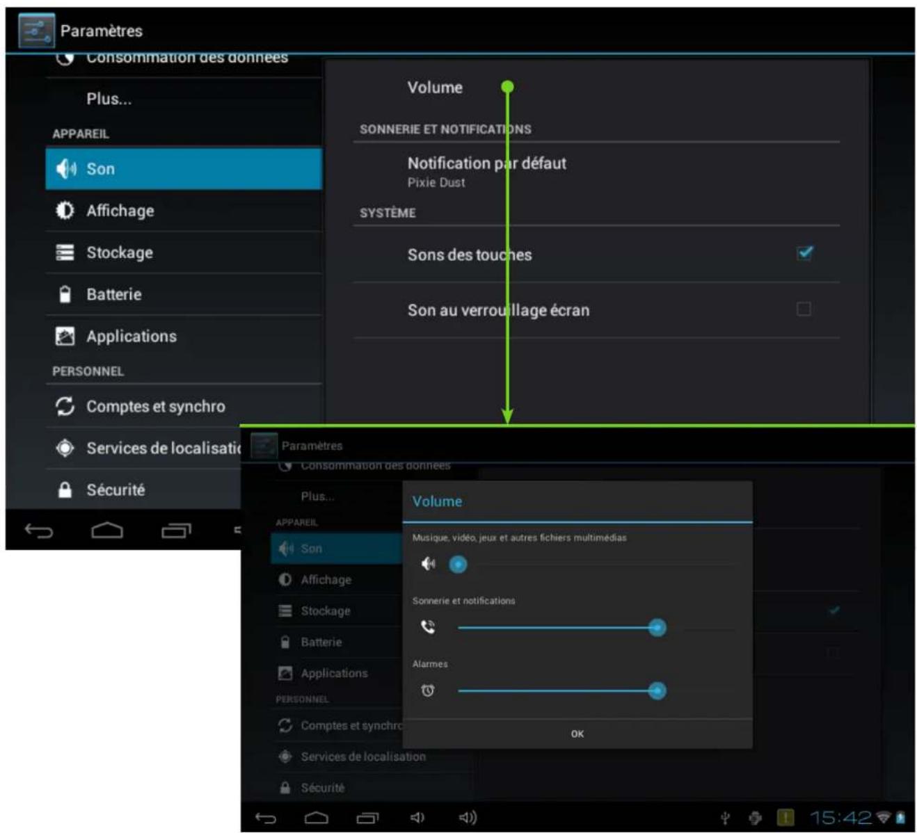 Paramètres Consommation des données Plus... APPAREIL Son Affichage Stockage Batterie Applications PERSONNEL Comptes et synchro Services de localisation Sécurité Volume SONNERIE ET NOTIFICATIONS Notification par défaut Pixie Dust SYSTÈME Sons des touches Son au verrouillage écran Paramètres Consommation des données Plus... APPAREIL Son Affichage Stockage Batterie Applications PERSONNEL Comptes et synchro Services de localisation Sécurité Volume Musique, vidéo, jeux et autres fichiers multimédias Sonnerie et notifications Alarmes OK