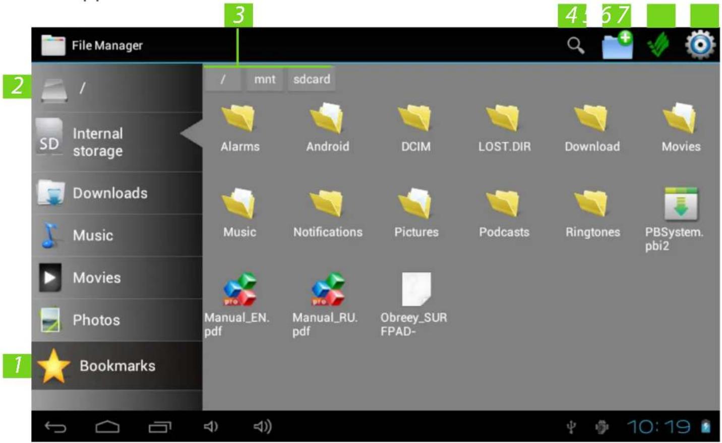 File Manager 3 4 67 2 / mnt sdcard SD Internal storage Downloads Music Movies Photos Bookmarks 1 Manual_EN. pdf Manual_RU. pdf Obreey_SUR FPAD- Alarms Android DCIM LOST.DIR Download Movies Music Notifications Pictures Podcasts Ringtones PBSystem.pbi2