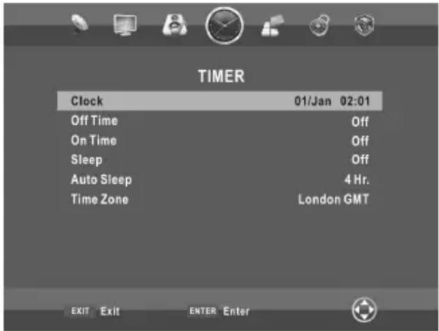 TIMER Clock 01/Jan 02:01 Off Time Off On Time Off Sleep Off Auto Sleep 4 Hr. Time Zone London GMT EXIT Exit ENTER Enter