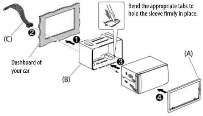 Bend the appropriate tabs to hold the sleeve firmly in place. (Dashboard of your car) (A) (B)