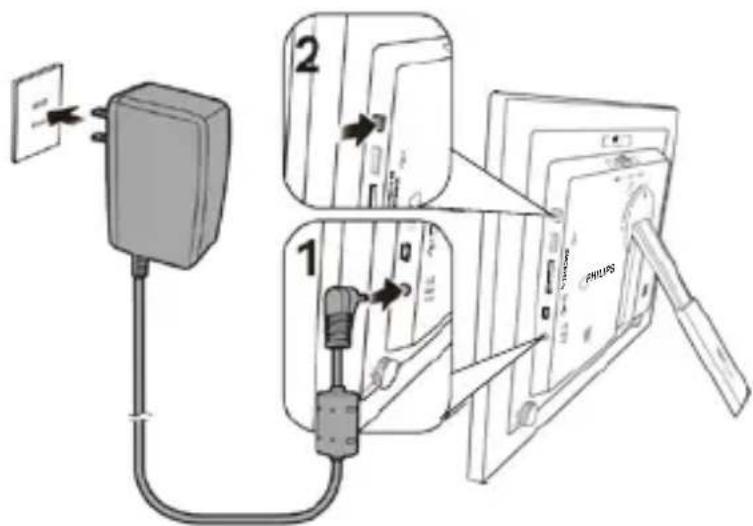 Diagram showing a power plug connected to a device with labeled parts and directional arrows indicating connection steps.