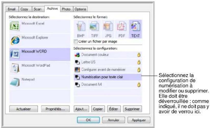 XEROX Documate 7600 - Pour modifier ou supprimer une configuration de numérisation : - 1