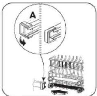 Diagram illustrating a process with labeled components and directional arrows, including a magnified view of a device or machine.