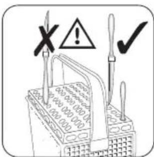 Safety warning symbol with X, !, and ✓ signs over a battery pack diagram