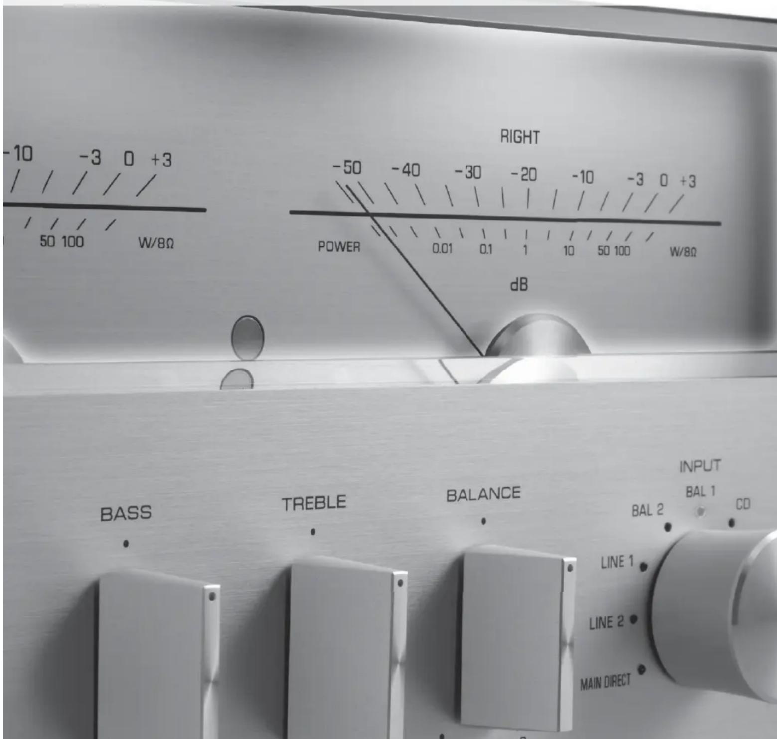 -10 -3 0 +3 / / / / / / / / / 50 100 W/8Ω RIGHT -50 -40 -30 -20 -10 -3 0 +3 POWER 0.01 0.1 1 10 50 100 W/8Ω dB BASS TREBLE BALANCE INPUT BAL 2 BAL 1 CD LINE 1 LINE 2 MAIN DIRECT