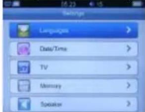 Settings Languages Data/Time TV Memory Speaker