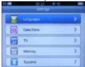 Settings Language Data/Time TV Memory Speaker