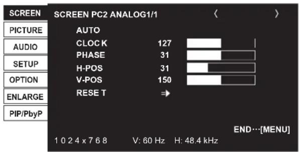SCREEN PC2 ANALOG1/1 AUTO CLOCK 127 PHASE 31 H-POS 31 V-POS 150 RESET END…[MENU] 1 0 2 4 x 7 6 8 V: 60 Hz H: 48.4 kHz