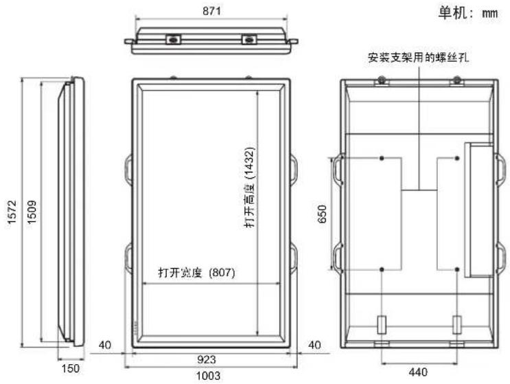 单机:mm 871 1572 1509 150 40 923 1003 打开宽度 (807) 打开高度 (1432) 650 40 安装支架用的螺丝孔 440