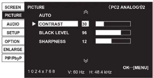 SCREEN PICTURE AUTO AUDIO SETUP OPTION ENLARGE PIP/PbyP PC2 ANALOG1/2 CONTRAST 30 BLACK LEVEL 96 SHARPNESS 12 1 0 2 4 x 7 6 8 V: 60 Hz H: 48.4 kHz OK...[MENU]