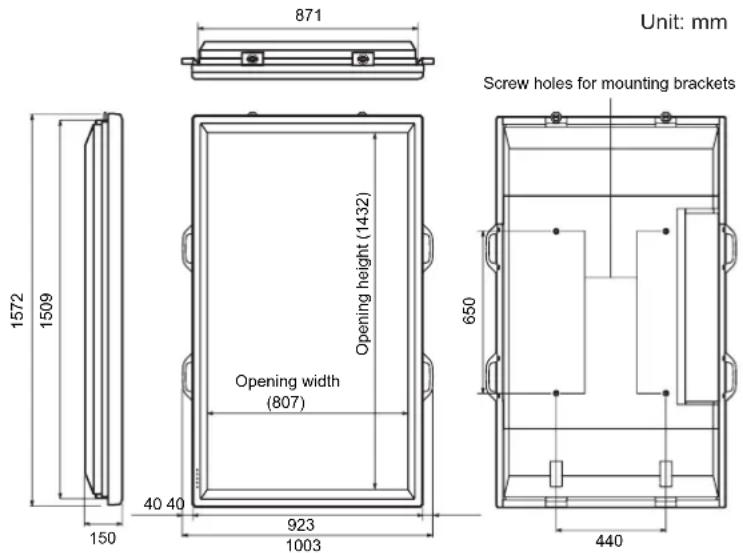 871 1572 1509 150 40 40 923 1003 Unit: mm Opening height (1432) Opening width (807) Screw holes for mounting brackets 650 440