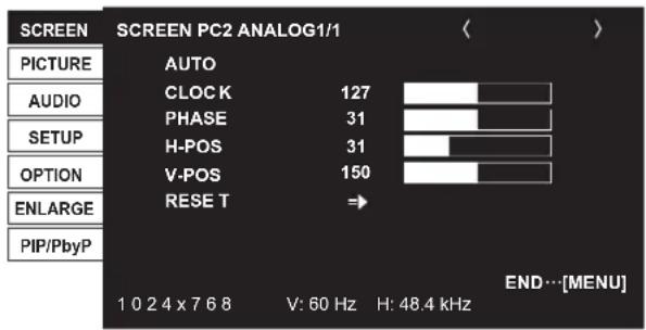 SCREEN PC2 ANALOG1/1 AUTO CLOCK 127 PHASE 31 H-POS 31 V-POS 150 RESET END…[MENU] 1 0 2 4 x 7 6 8 V: 60 Hz H: 48.4 kHz