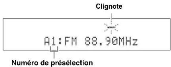 YAMAHA YAS81 - Appuyez sur + / - pour selectionner un numero de preselection (1 a 8) tandis que le témoin MEMORY clignote. - 1