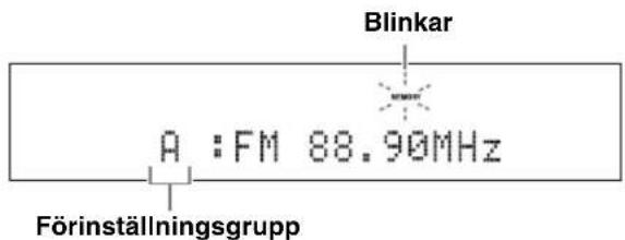 YAMAHA YAS81 - Tryck på A< E eller A> E upprepade gänger for att valja en forinställningsgrupp (A till E) medan MEMORY-indikatorn blinkar. - 1