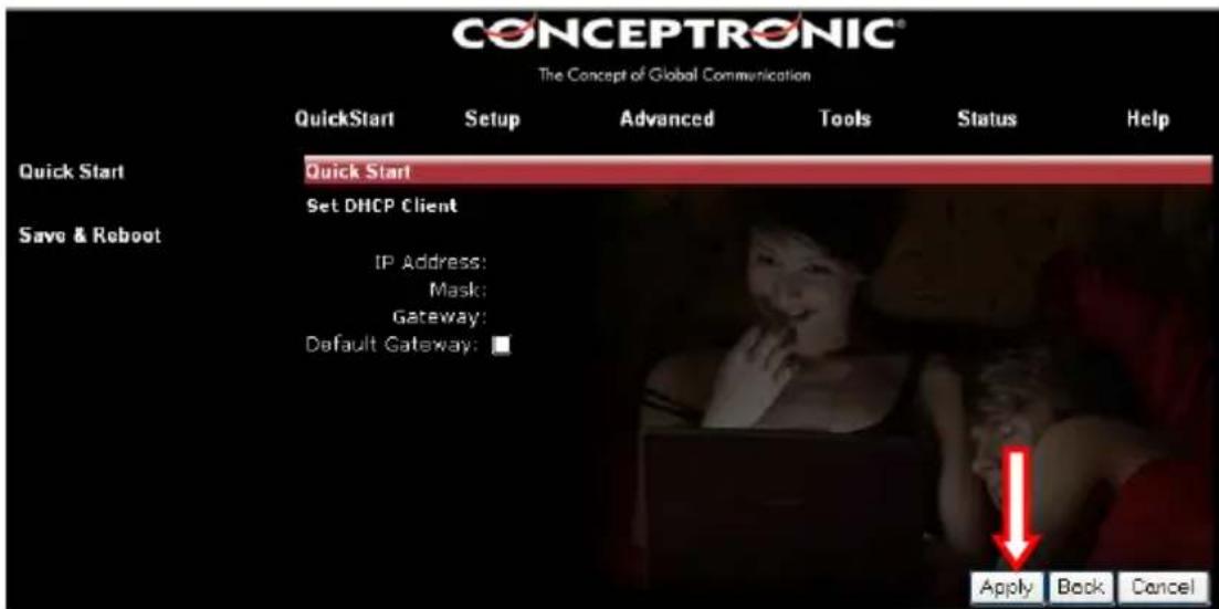 CONCEPTRONIC ADSL2+ Router - Gewählte Kapselung = 1483 Bridge LLC - Dynamisches IP (DHCP) - 1