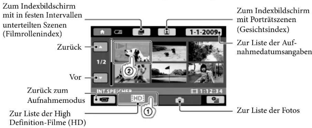 SONY Handycam HDRCX100B - Berühren Sie das Register HD (oder 1) den gewünschten Film (2). - 1