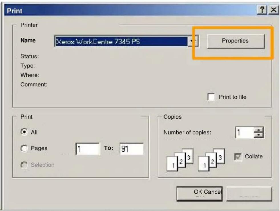 XEROX WorkCentre 7328V FPL - Select the Properties button to open the printer properties dialogue box. - 1