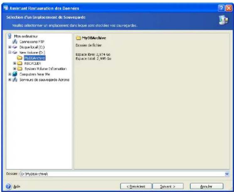 ACRONIS Recovery for MS SQL Server - Sélection d'un emplacement de sauvegarde de base de données - 1