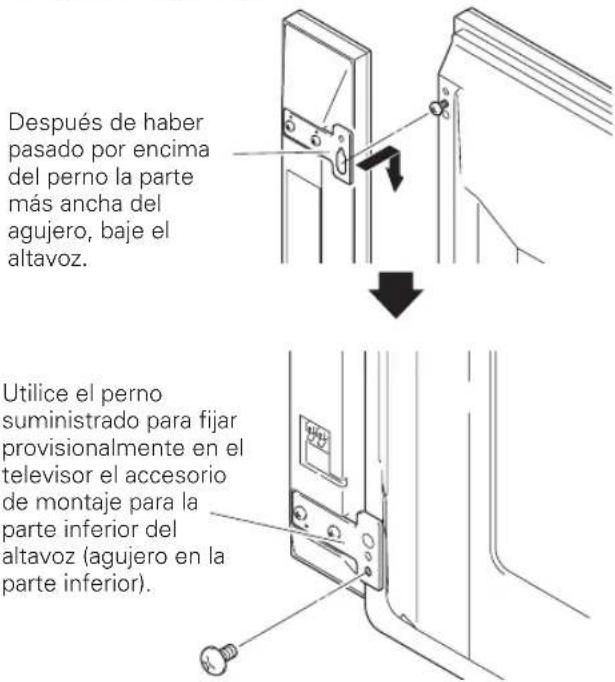 PIONEER PDPS58 - Cuelgue el accesorio de montaje del altavoz en el perno que ha atornillado en la parte superior. Paraarlo, deslice la parte más ancha por encima de el y después bajo el altavoz y encajelo en la ranura; atornille provisionalmente el perno inferior. - 1