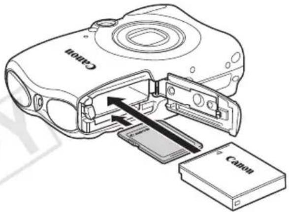 CANON PowerShot SD990 IS - Legen Sie den Akku (Akku NB-5L) und die Speicherkarte ein. - 1