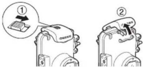 CANON PowerShot SD990 IS - Slide the lock release switch as shown, and release the catch to open the back cover. - 1