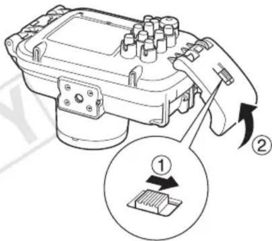 CANON PowerShot SD990 IS - Slide the lock release switch as shown, and release the catch to open the back cover. Remove the camera from the case. - 1