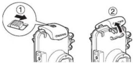 CANON PowerShot SD990 IS - Faites glisser le bouton de verrouillage comme indiqué sur l'illustration et librez le cliquet pour ouvrir le volet arrriere. - 1