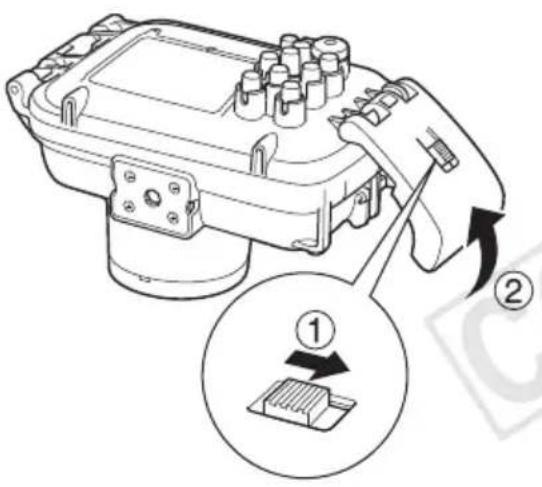 CANON PowerShot SD990 IS - Faites glisser le bouton de verrouillage comme indiqué sur l'illustration et librez le cliquet pour ouvrir le volet arrêté. Retirez l'appareil photo du boîtier. - 1