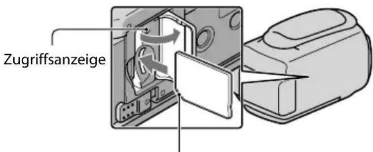 SONY Handycam DCRSX65ES - Öffnen Sie die Abdeckung,richten Sie die schräge Ecke wie in der Abbildung gezeigt aus und setzen Sie die Speicherkarte so in den Speicherkarteneinschub ein,dassie mit einem Klicken einrastet. - 1